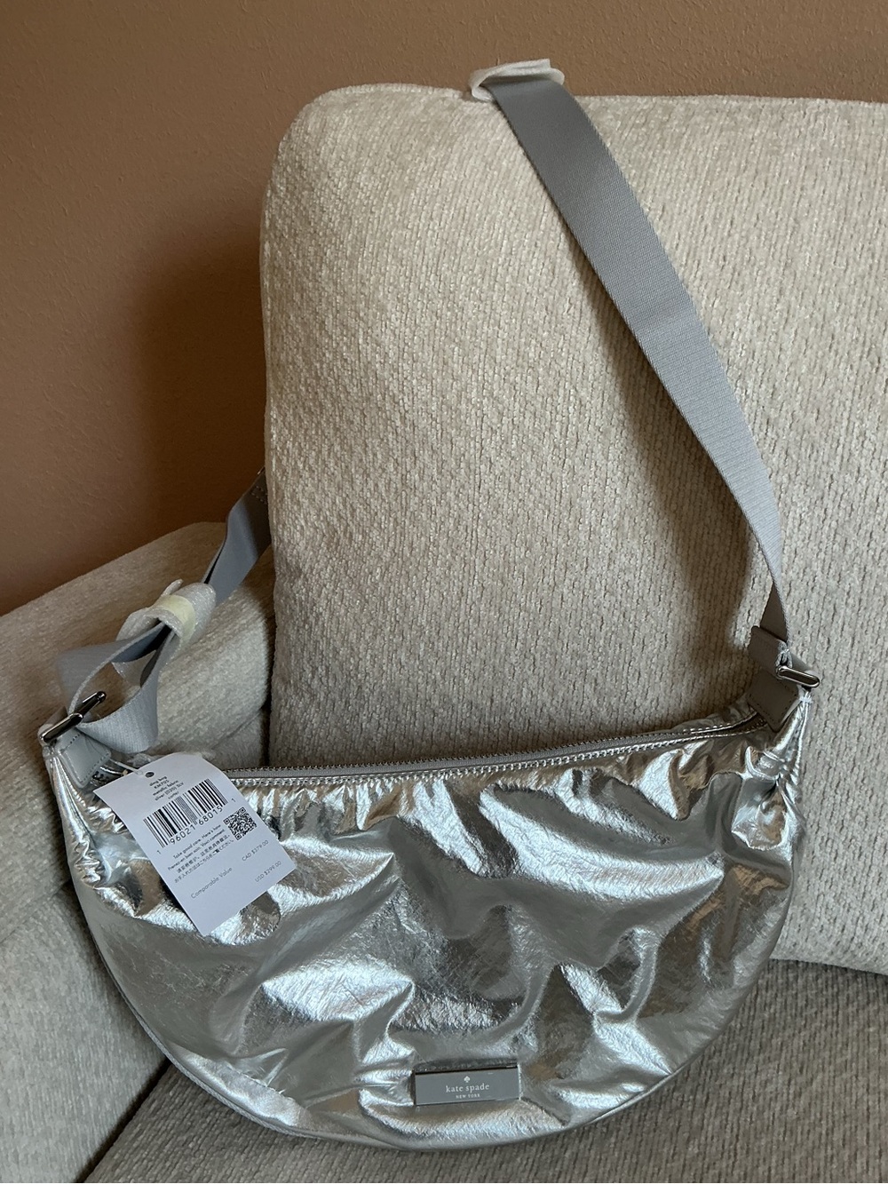 NWT Kate Spade Carter Metallic Fabric Sling Bag -  Silver Crescent